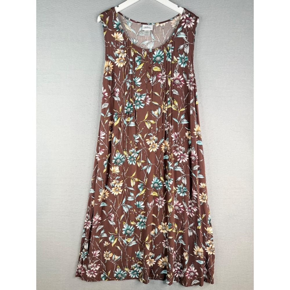 The Vermont Country Store Floral Maxi Dress Womens 1X Brown Pintuck Cottagecore